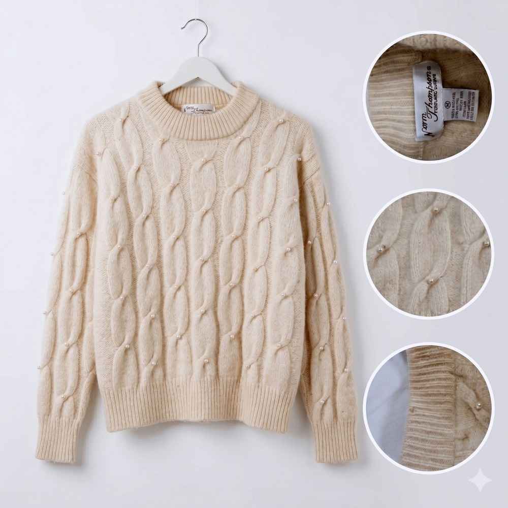 Vintage Norm Thompson‎ Angora Lambswool Cable Knit Pearl Sweater Cream M Fits XS